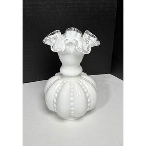 Vintage White Milk Glass Ruffled Fenton Silvercrest Hobnail Decor Accent Vase